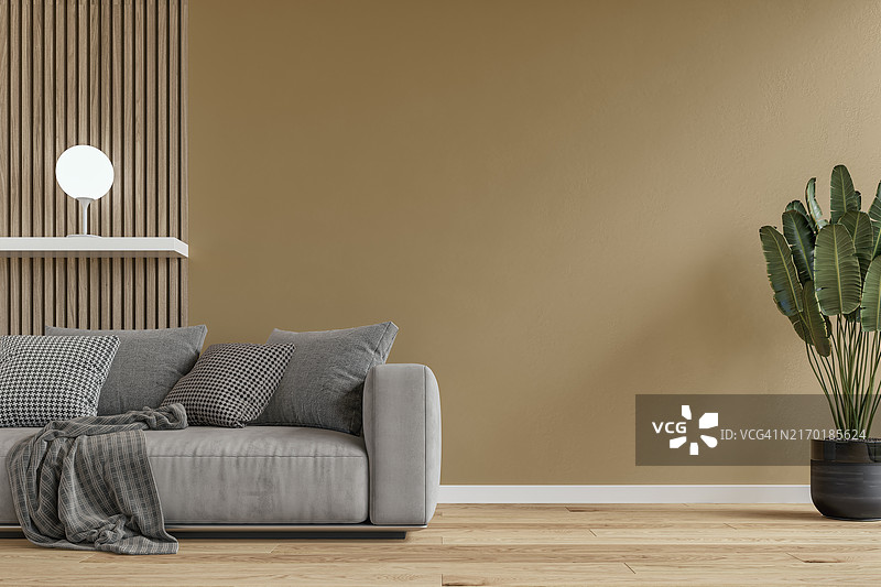 现代室内设计：带有灰色沙发、棕色石膏和硬木镶板墙的客厅图片素材