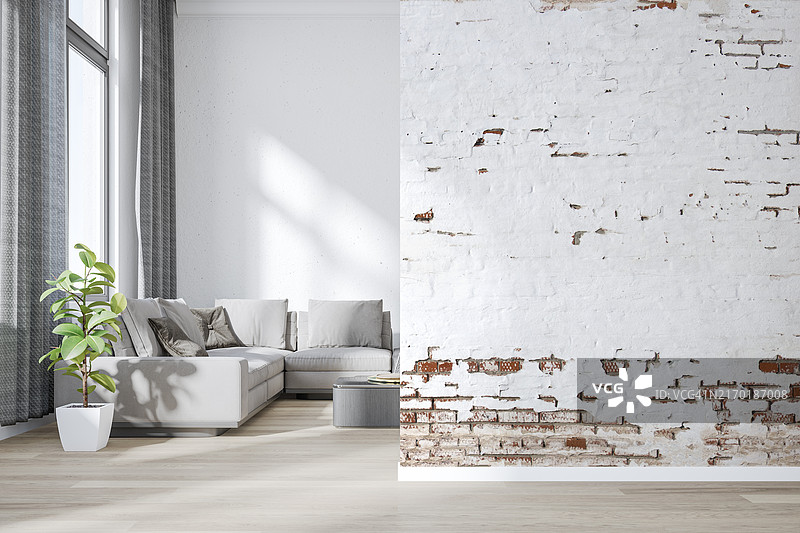 现代客厅的正面，灰色沙发，背景是窗户和装饰品图片素材