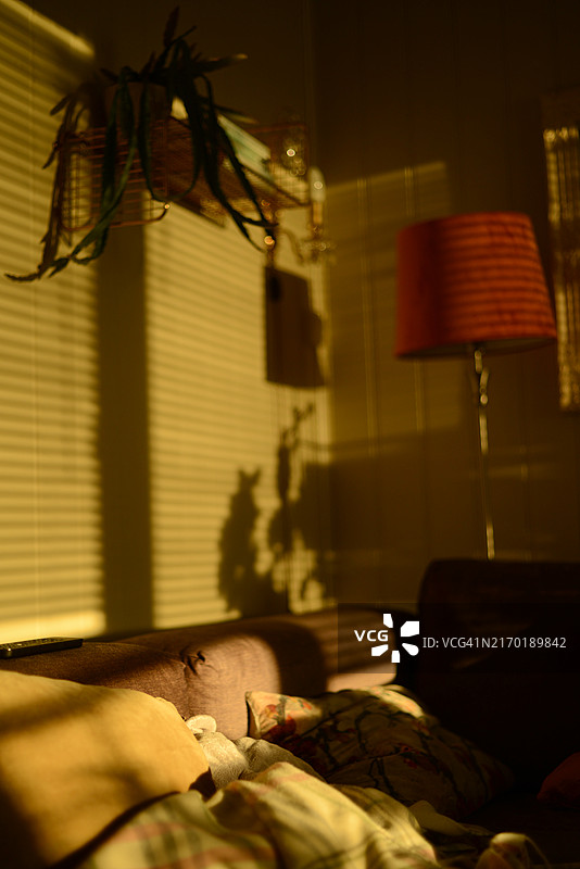 客厅温馨角落金色日落光图片素材