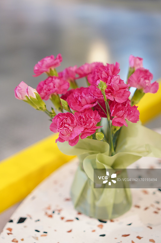 水杯中大理石桌上的粉色康乃馨图片素材