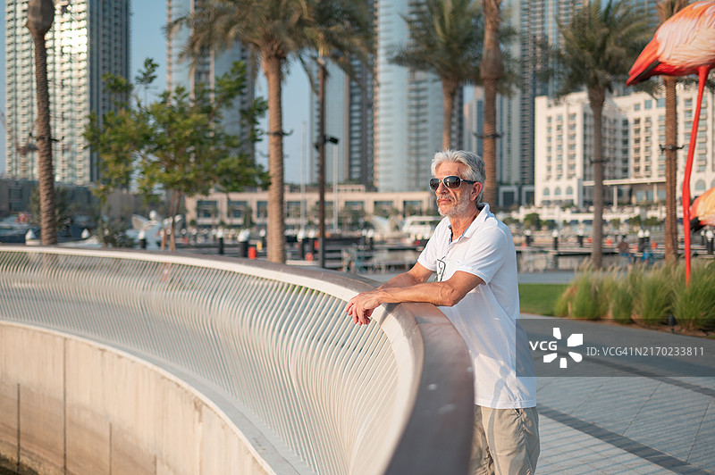 站在迪拜河港城市景观喷泉前的男人图片素材