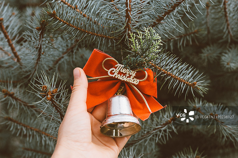 手持展示：松树上的圣诞树装饰品图片素材