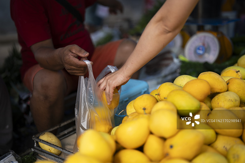 在新鲜市场上手挑选黄色芒果的俯视图图片素材