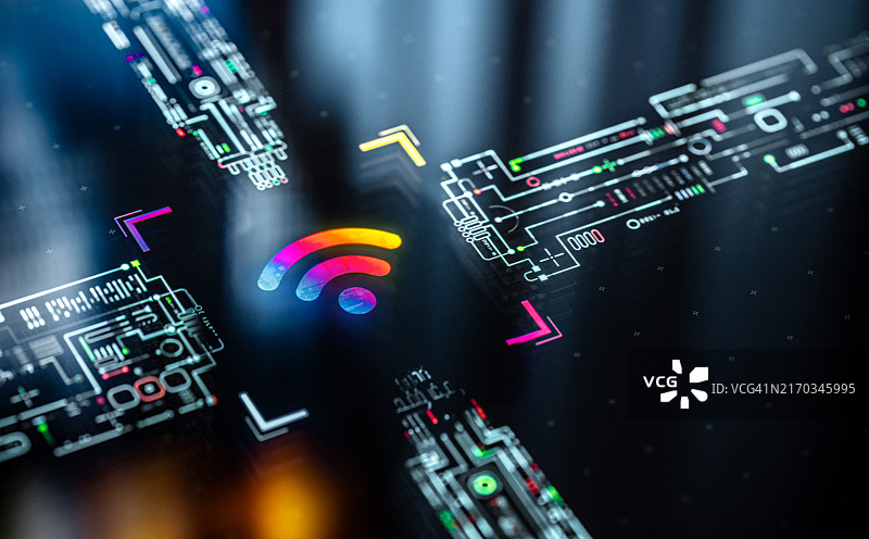 数字显示屏上的Wifi符号，Wi-Fi处理器，超快速互联网带宽的发展图片素材