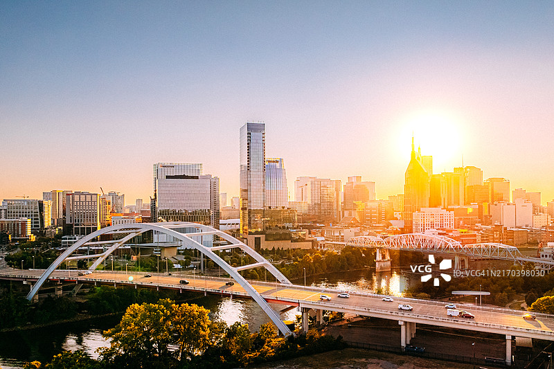 从坎伯兰河东北岸拍摄的韩国退伍军人纪念桥和田纳西州纳什维尔市中心天际线航拍图片素材