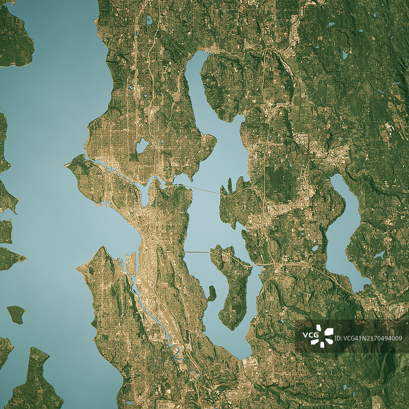 华盛顿湖卫星地形图3D渲染真彩色图片素材