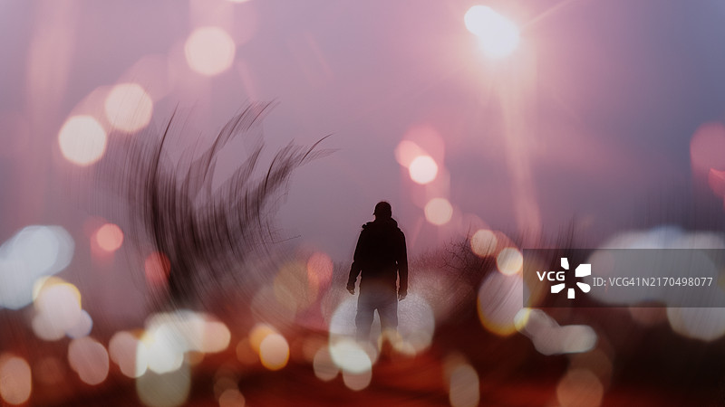 散景街灯的双重曝光梦境与神秘身影图片素材