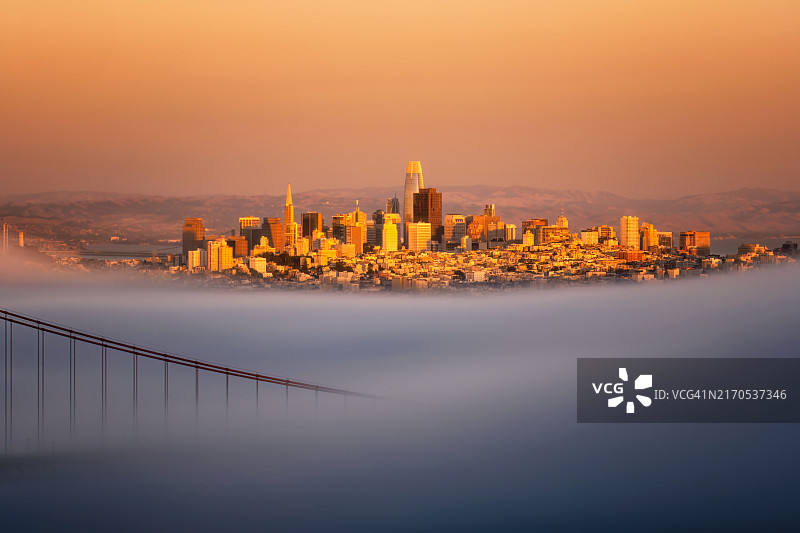 旧金山日落时分的海滨城市风光图片素材