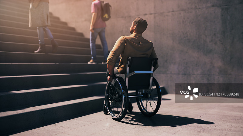 坐在轮椅上的男子无法爬楼梯，感到沮丧和愤怒图片素材