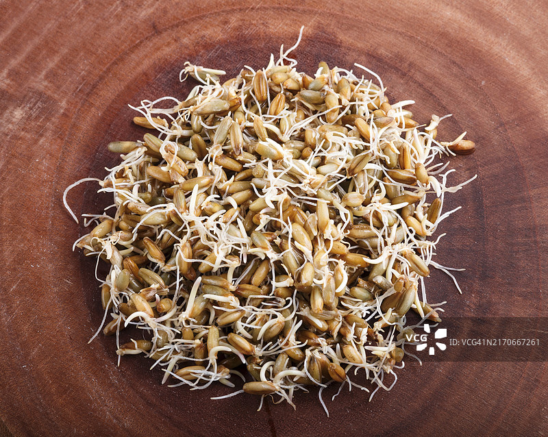 棕色木制背景上的发芽黑麦堆，特写，顶视图图片素材