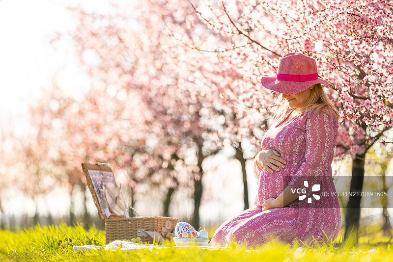 公园里，女人跪在野餐毯上抚摸孕妇的肚子图片素材