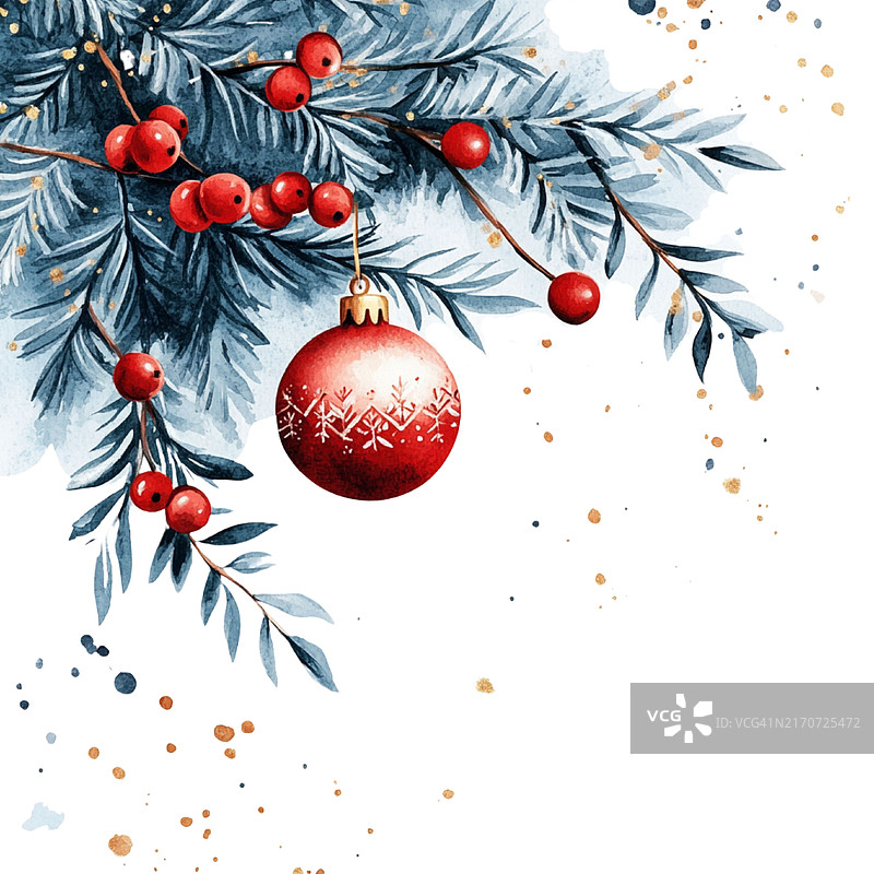 带有浆果和水彩树叶的喜庆红色圣诞装饰品图片素材
