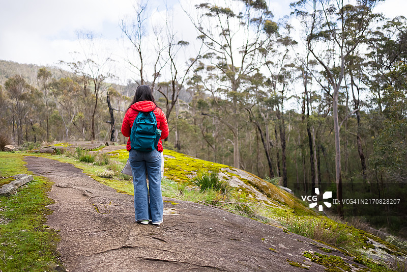 亚洲年轻女子站在森林里欣赏风景图片素材