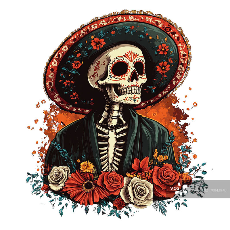 戴着传统帽子和花卉装饰的万圣节骷髅图片素材