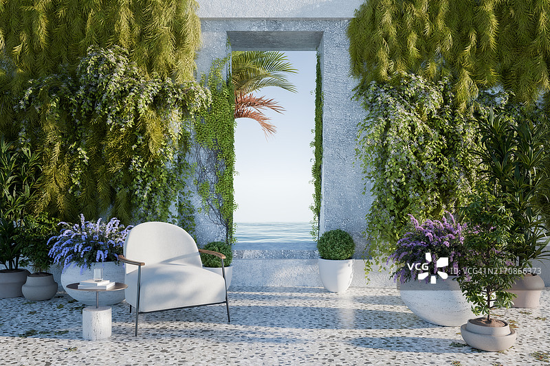 带扶手椅和盆栽植物的海滩露台图片素材