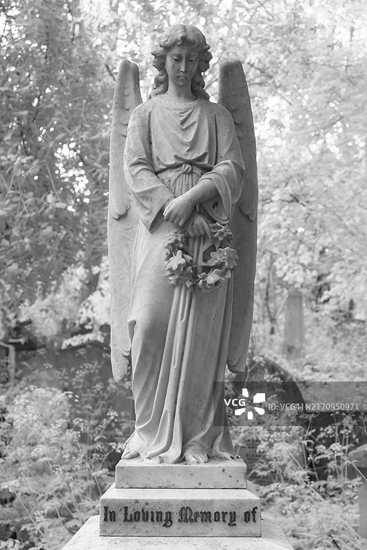 伦敦海格特公墓内天使墓碑的红外图像图片素材