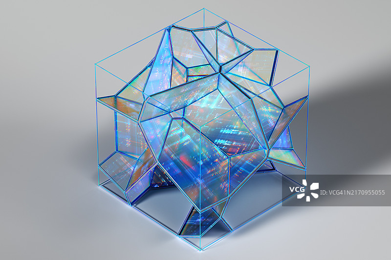 蓝色未来数据立方体块2.5D视图：AI创新、5G、金融科技与云技术图片素材