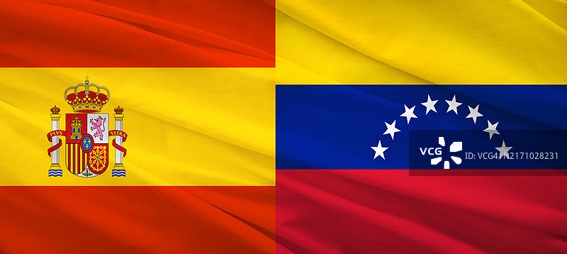 象征文化和历史联系的西班牙和委内瑞拉国旗并排图片素材