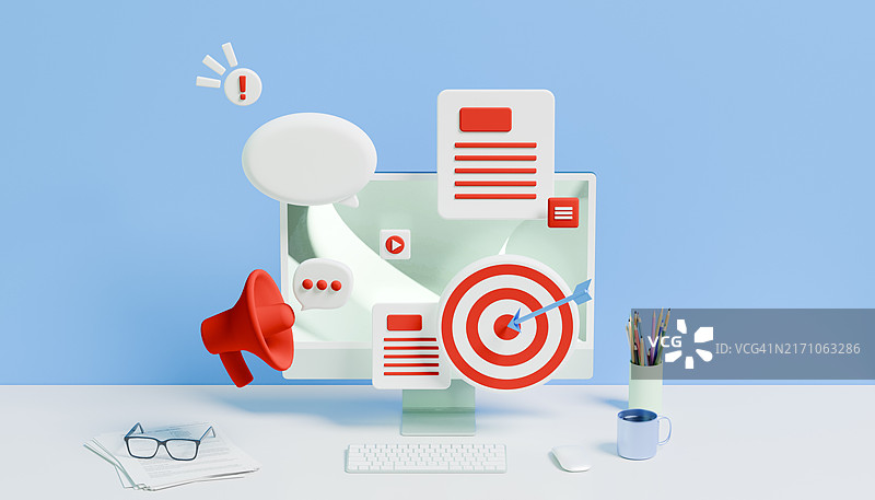 带有悬浮通知的台式电脑图片素材