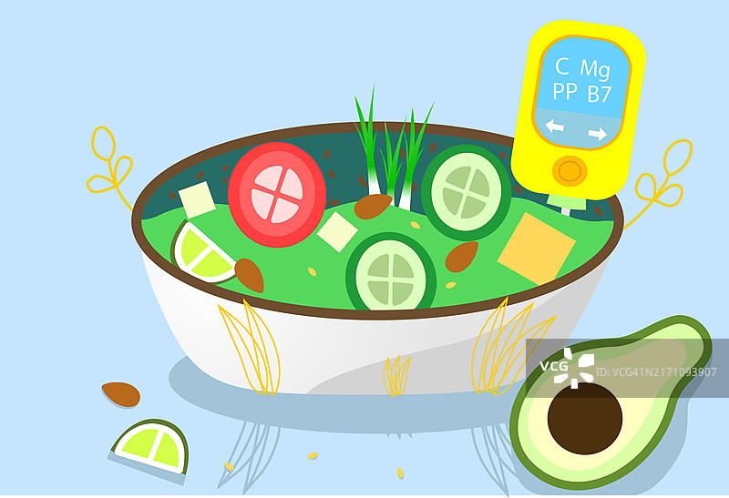 沙拉蔬菜水果牛油果电子维生素分析仪插画图片素材