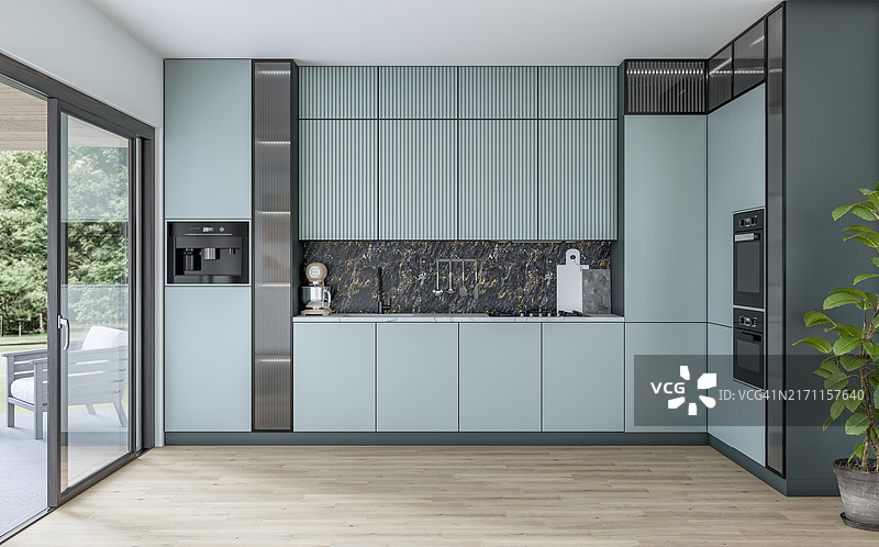 现代粉蓝色厨房，硬木地板上留有空间（可放置岛台或桌子），侧面有一扇可欣赏花园景色的开放式大窗户图片素材