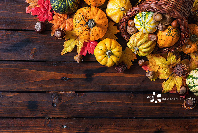 木质背景上的秋季或感恩节丰收角图片素材
