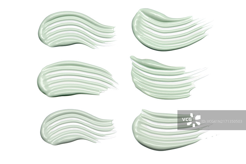 六个浅绿色化妆品膏体样本，具有柔滑丰富的外观，强调护肤品的奢华感，护肤和美容概念，含肽、益生元、神经酰胺、壬二酸、视黄醇的护理化妆品图片素材