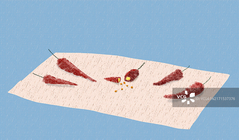 蓝色背景上的红色辣椒蜡笔画图片素材