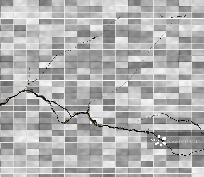 灰色和银色调的大裂缝破损瓷砖墙抽象背景图片素材
