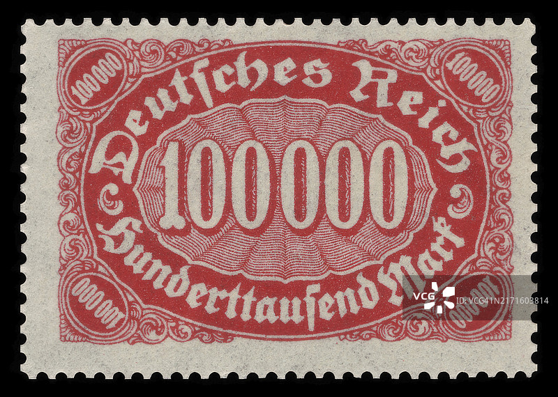 德国邮政1923年发行的邮票，横向椭圆形人物图案，面值10万马克，通货膨胀，历史主题，数字化修复复制品图片素材