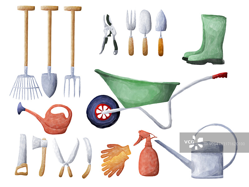 水彩画：白色背景上的园艺工具图片素材