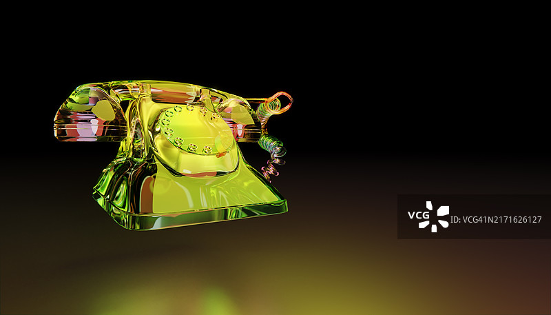 黑色背景中漂浮的亮绿色复古电话2.5D渲染图图片素材