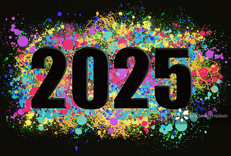 黑色背景上带有霓虹彩虹飞溅的2025粗体黑色字体图片素材