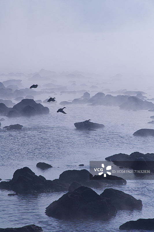 忠州湖岩石倒影雾景，位于忠清北道忠州市图片素材