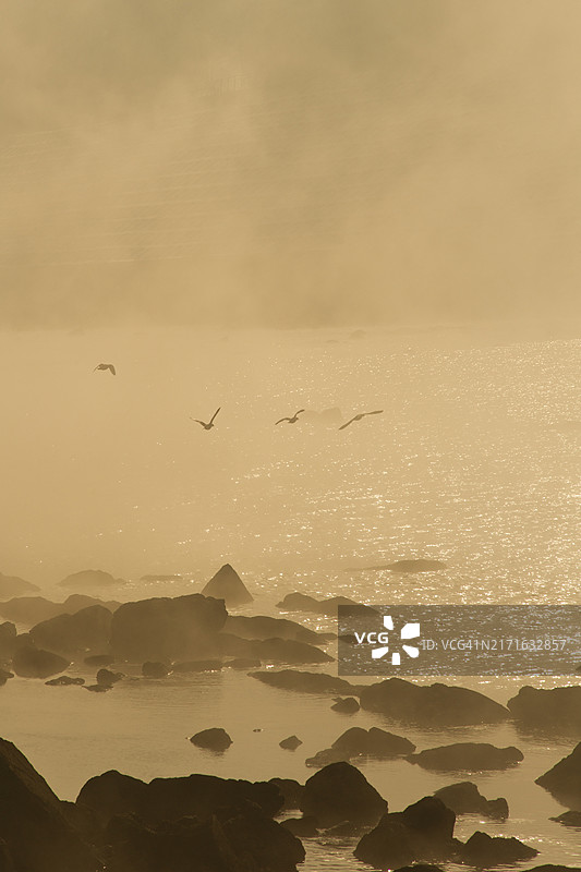 忠州湖岩石倒影雾景，位于忠清北道忠州市图片素材