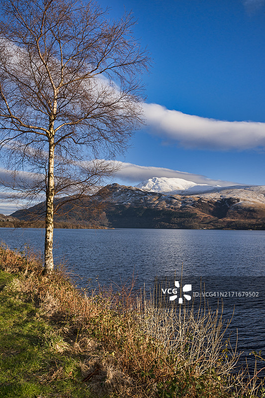 冬季的洛蒙德湖：从拉斯附近的西岸自行车道向西眺望，后方是本洛蒙德山图片素材