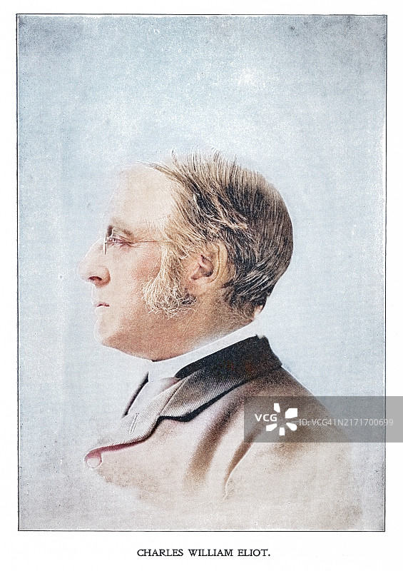 查尔斯·威廉·艾略特肖像，他是一位美国学者，从1869年到1909年担任哈佛大学校长，任期最长图片素材