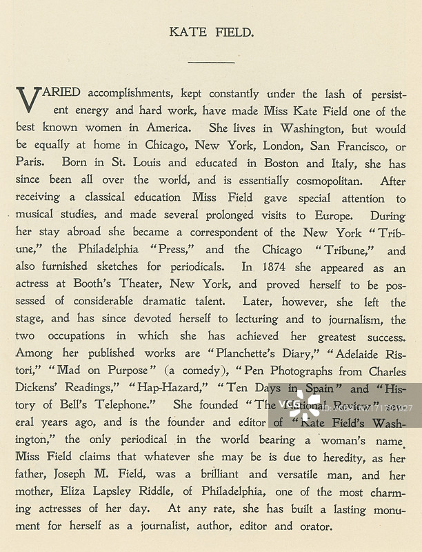 玛丽·凯瑟琳·基姆勒·菲尔德的人物传记（笔名：Straws, Jr.；1838年10月1日–1896年5月19日），一位才华横溢的美国记者、通讯员、编辑、讲师和演员图片素材