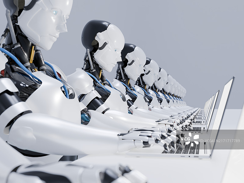 多个机器人在笔记本电脑上工作的数字图像，智能技术、自动化和人工智能概念图片素材