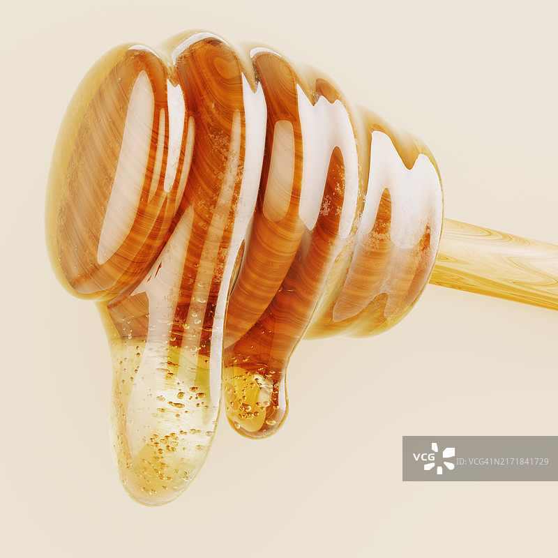 黄色背景下的浓稠蜂蜜木勺特写图片素材