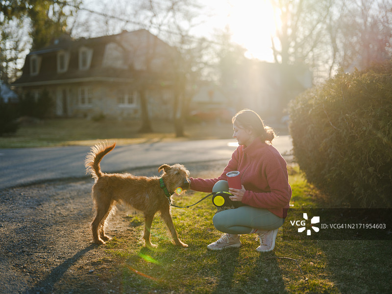 日落时分，女子在春天里遛狗图片素材