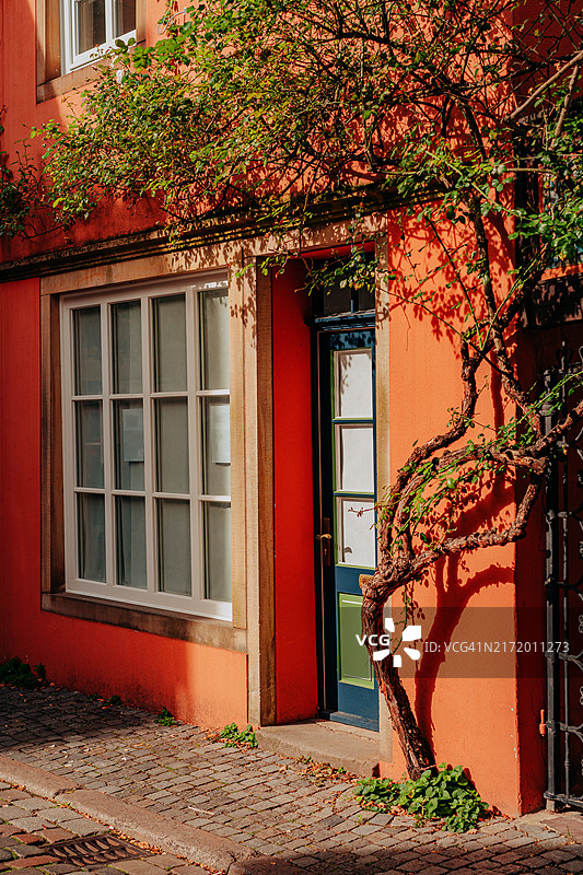 美丽的橙色房屋外墙与绿色门图片素材