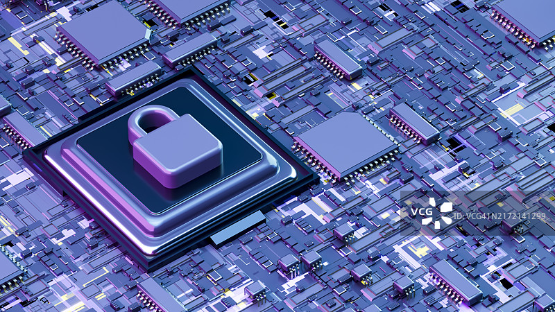 数字数据安全，带有锁的主板芯片图片素材