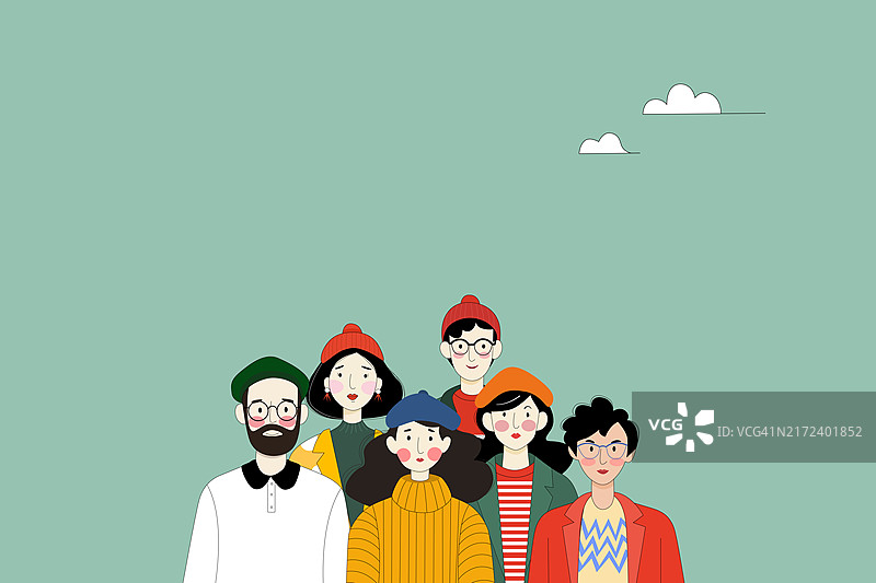 友谊概念插画：不同风格和性别的人们站在一起，展示友谊和团结图片素材