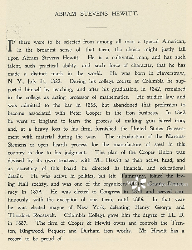 美国政治家、教育家、钢铁工业家和律师Abram Stevens Hewitt的传记（1822-1903），他于1887年至1888年担任纽约市市长两年图片素材