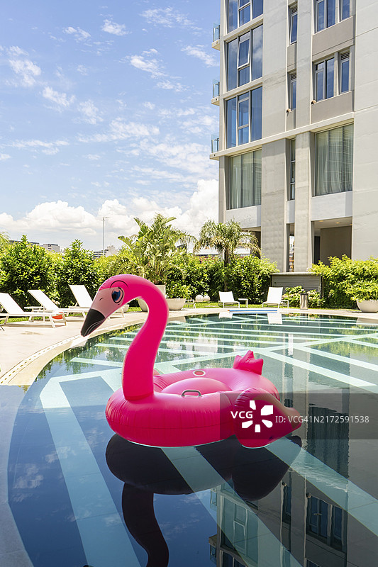 粉色火烈鸟泳池漂浮玩具，竖版照片图片素材