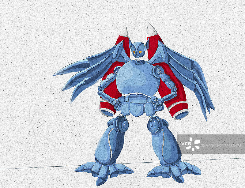 卡通机器人与翅膀和喷气背包的Grunge纹理纸插图图片素材