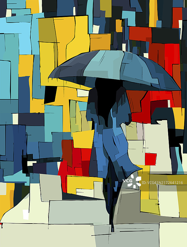 撑伞女人抽象艺术绘画矢量模板图片素材
