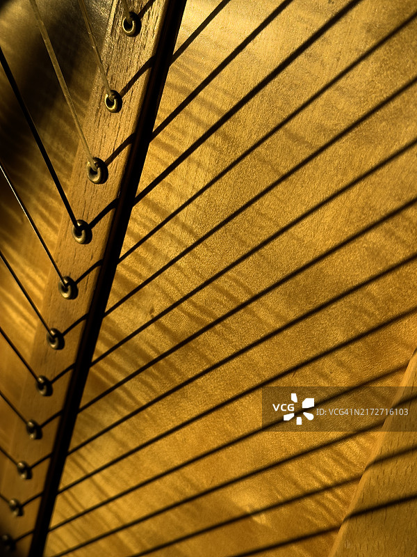 竖琴琴弦及其阴影的特写图片素材