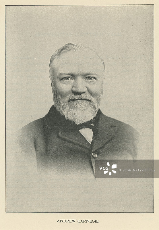 安德鲁·卡内基的肖像，他是一位苏格兰裔美国工业家和慈善家，在19世纪末引领了美国钢铁工业的扩张，成为历史上最富有的美国人之一。图片素材